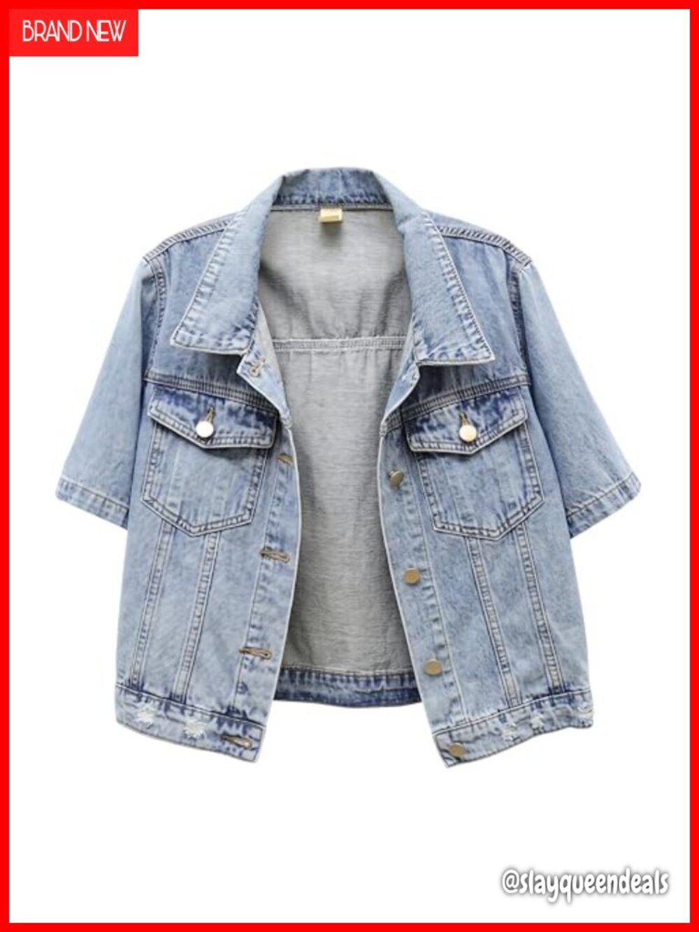 Cropped Denim Jacket Short Sleeve Distressed Trucker Cotton Casual Coat